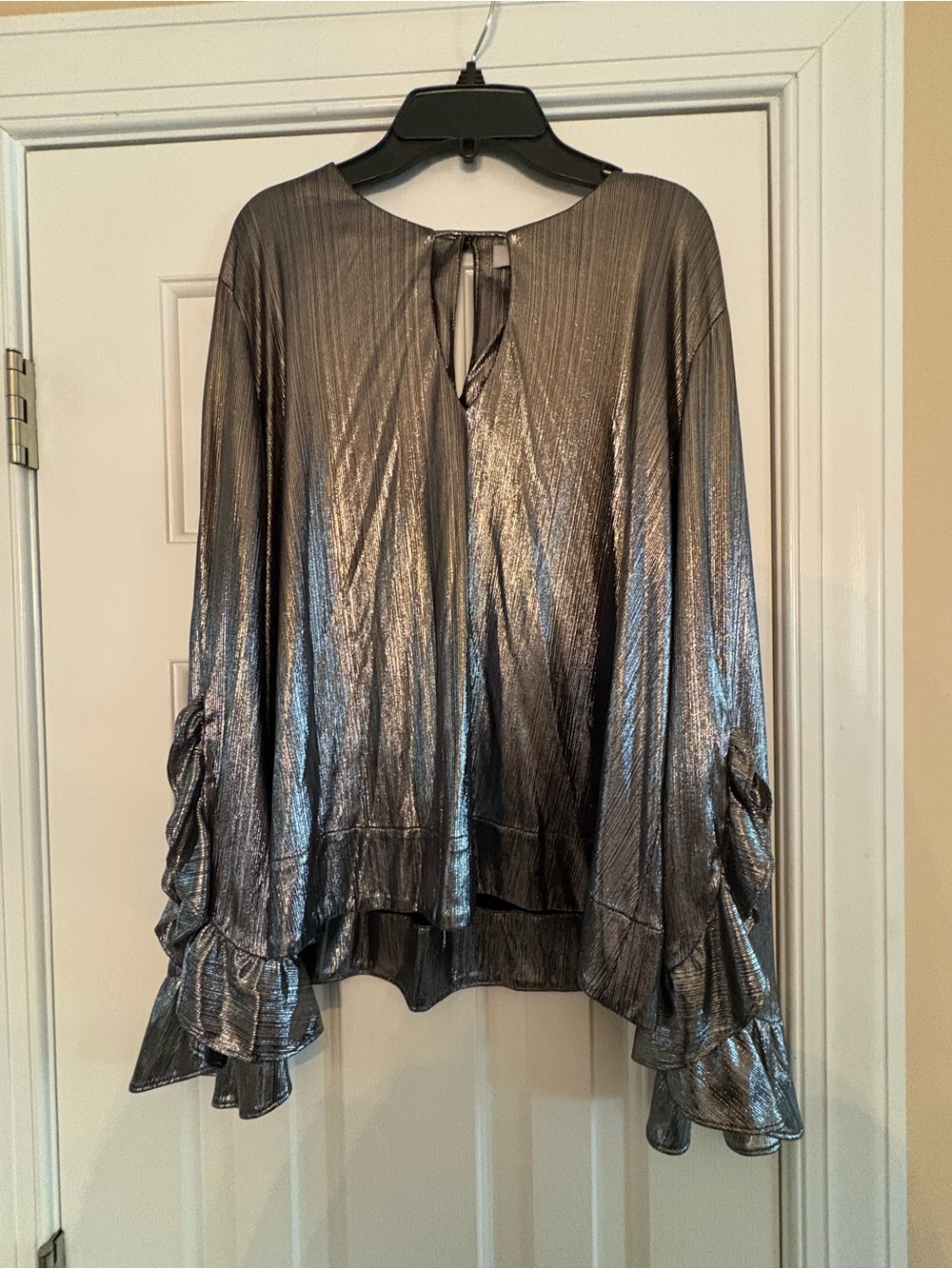 crosby. Metallic Silver Ruffle-Sleeve Blouse